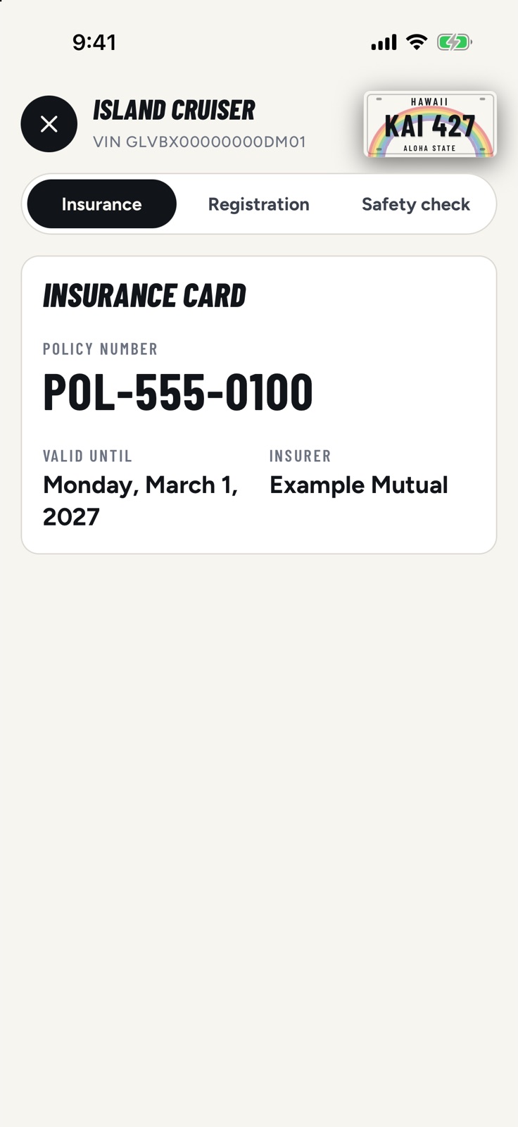 The Show card screen with an insurance card in large, bright type
