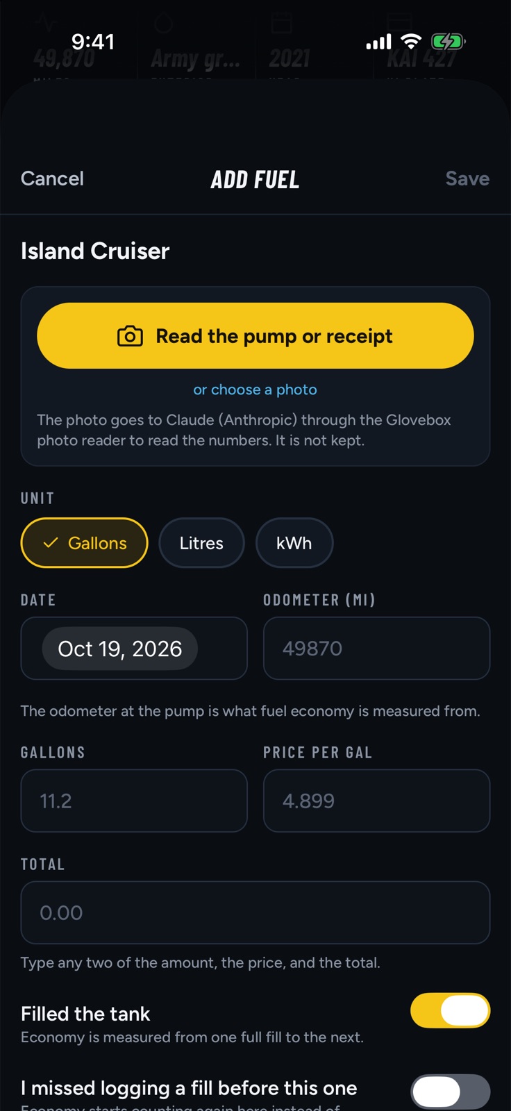 Add fuel with a button to read the pump or the receipt from a photo
